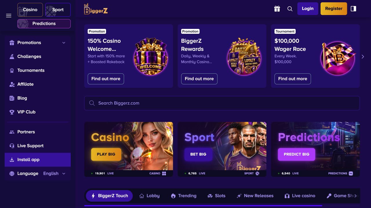 Top fold screenshot of the BiggerZ website homepage