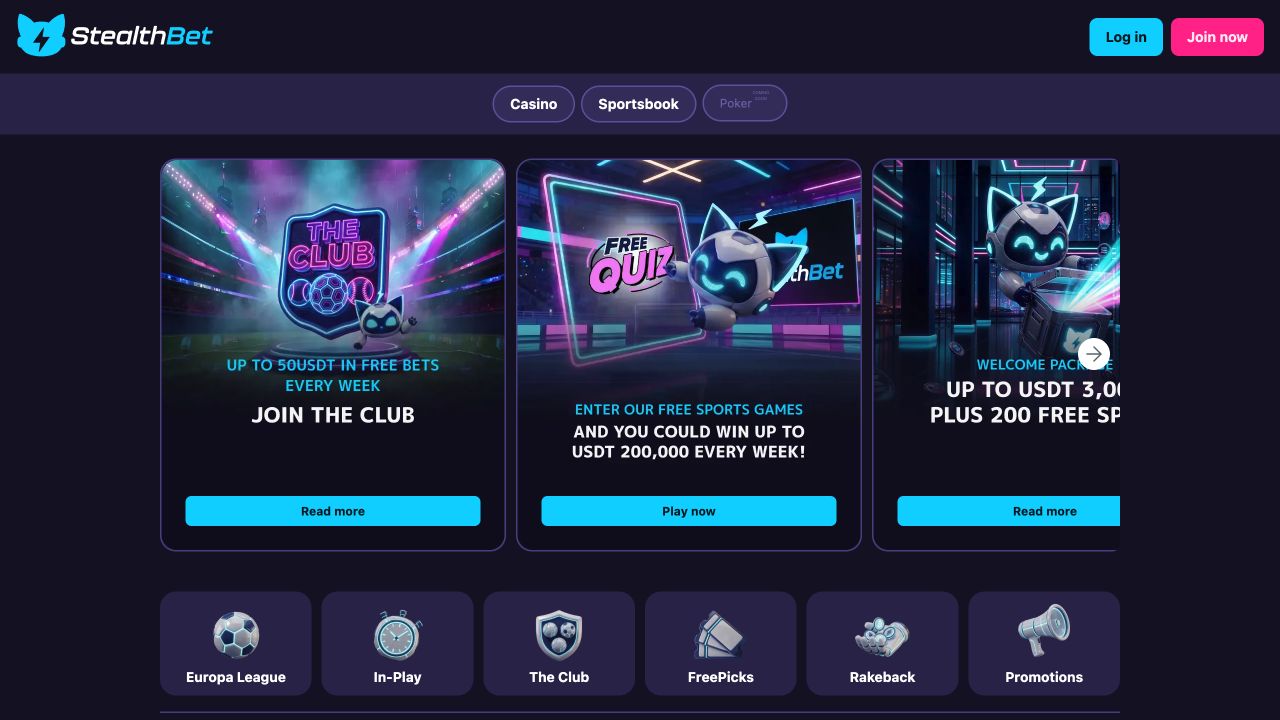 Top fold screenshot of the StealthBet website homepage