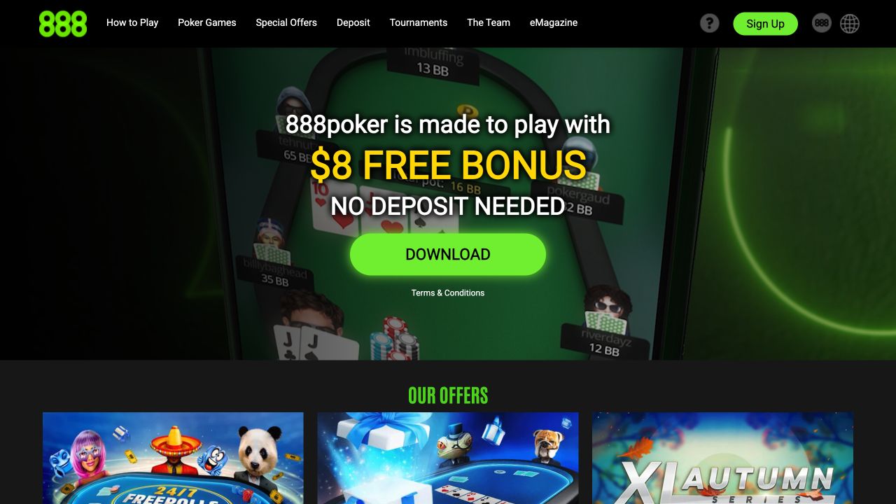 Top fold screenshot of the 888poker website homepage