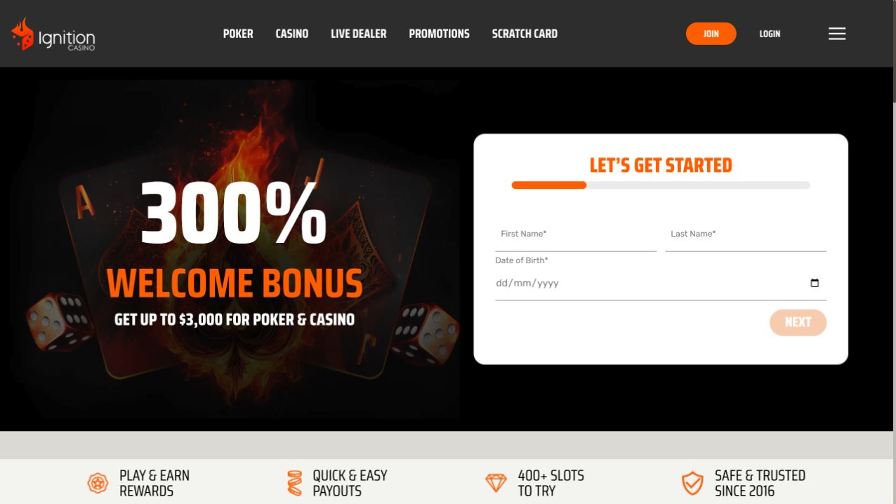 Top fold screenshot of the Ignition Poker website homepage
