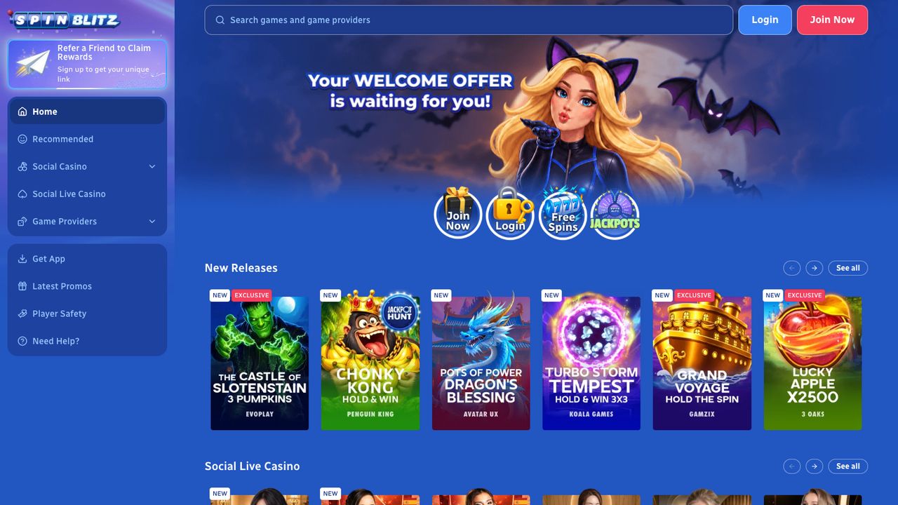 SpinBlitz homepage, captured October 2026