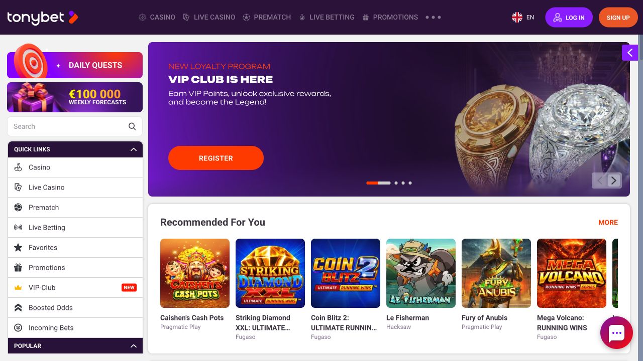 Top fold screenshot of the TonyBet website homepage