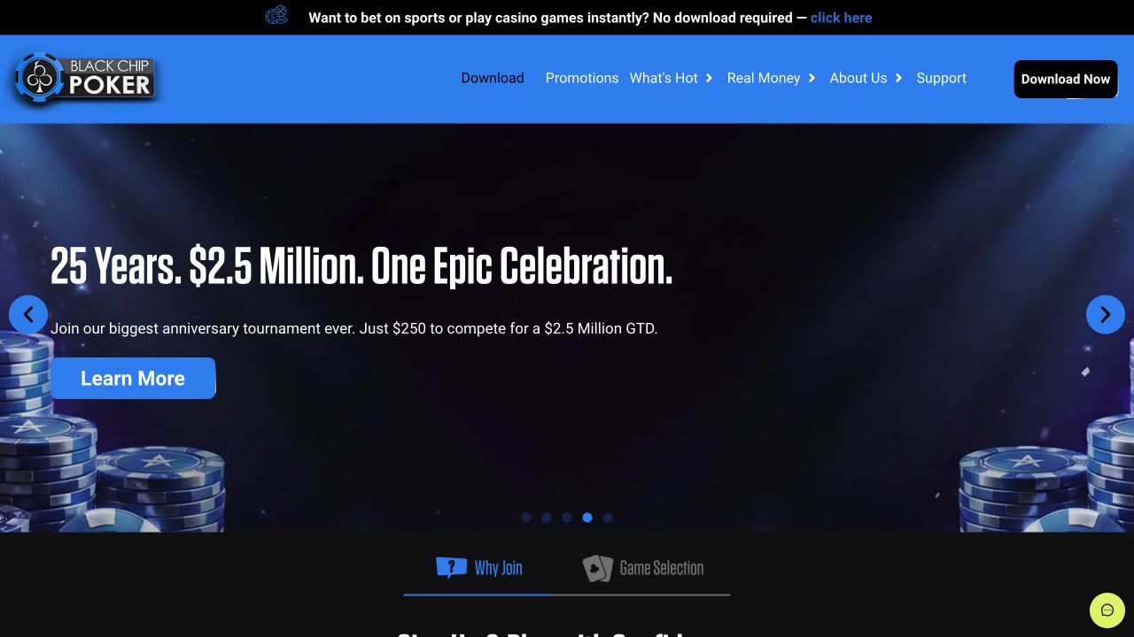 Top fold screenshot of the Black Chip Poker website homepage