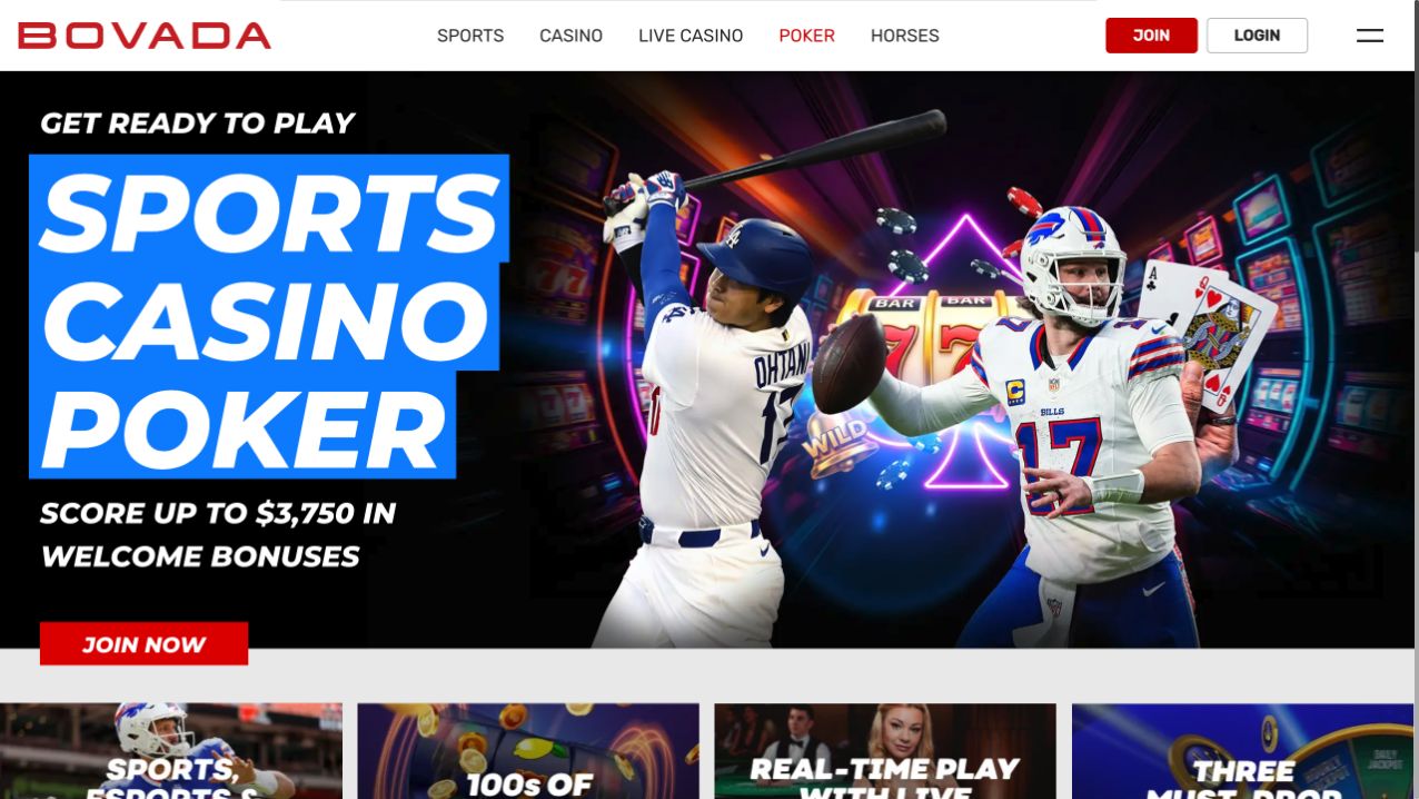 Top fold screenshot of the Bovada Poker website homepage