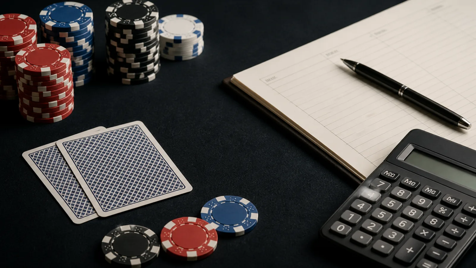 Poker chips, cards, a ledger and a calculator arranged for record keeping