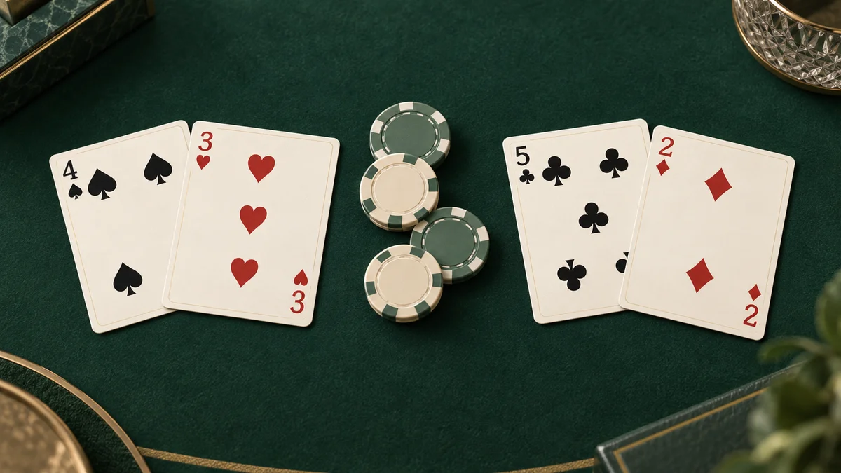 Two baccarat hands each total seven beside cream and sage chips on green felt