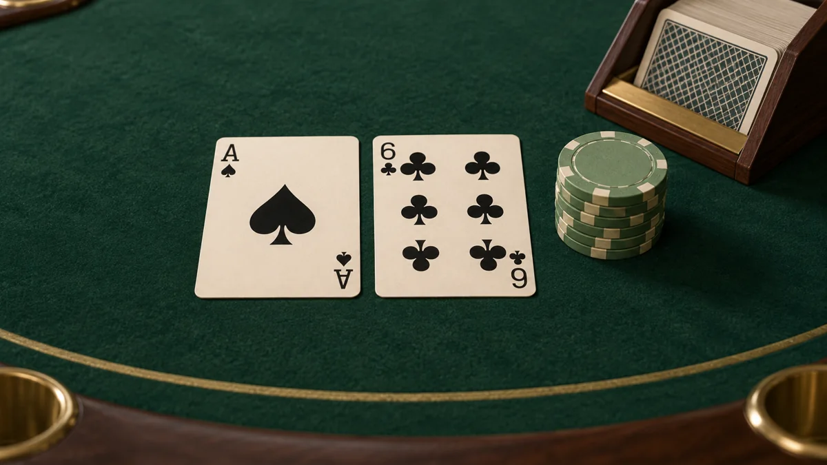 An ace of spades and six of clubs form a dealer soft 17 beside green chips