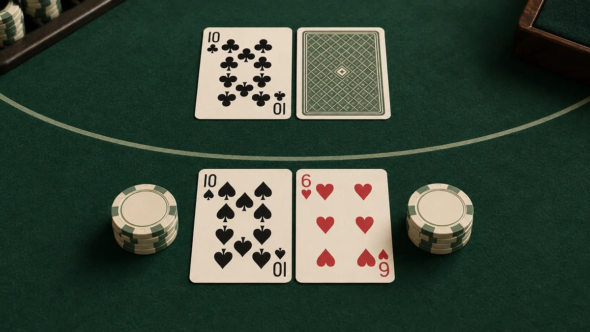 A blackjack ten and six face a dealer ten with two equal chip stacks
