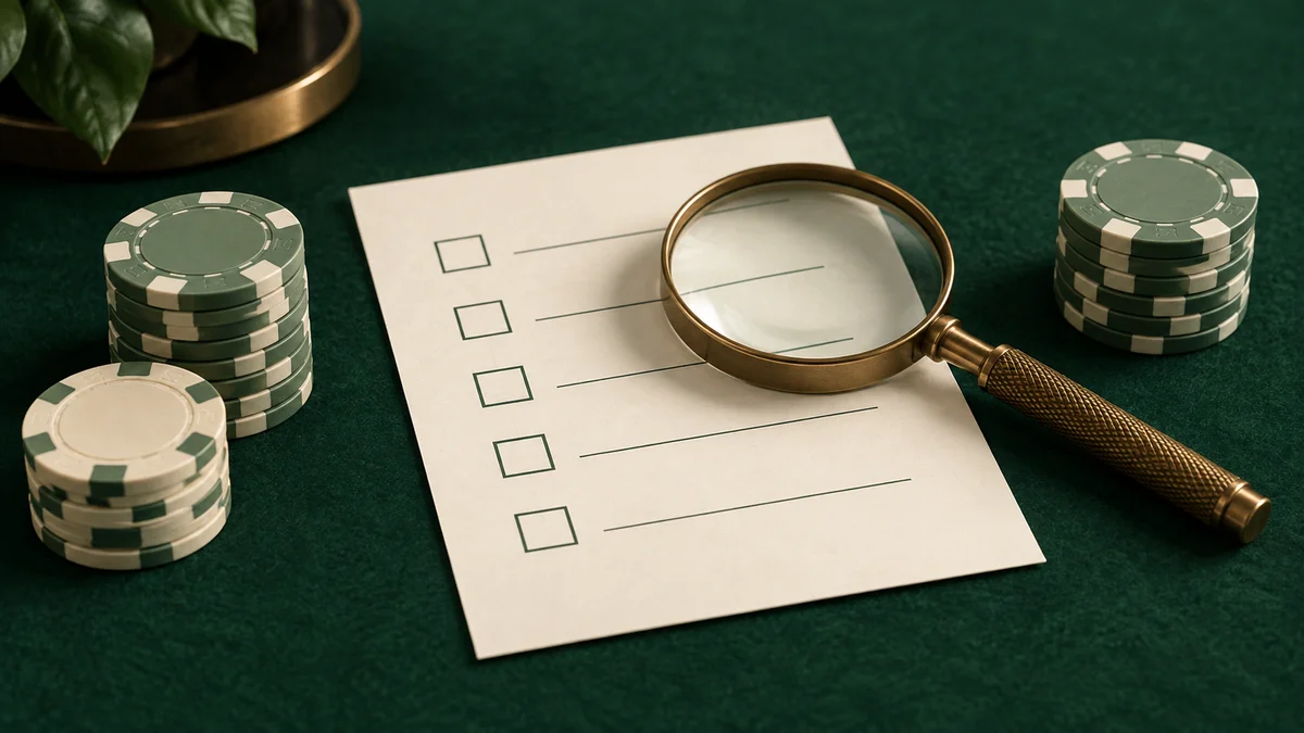 A magnifying glass over a plain bonus checklist beside cream and sage casino chips