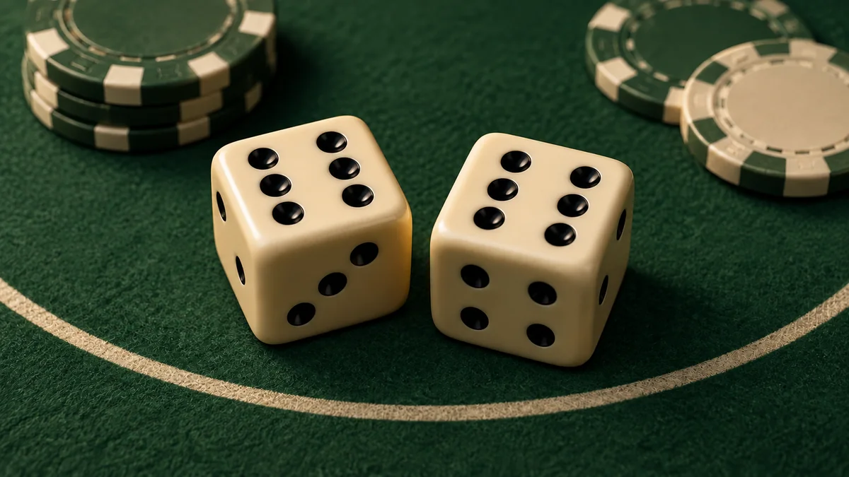 Two cream dice showing six on their top faces beside chips on green felt