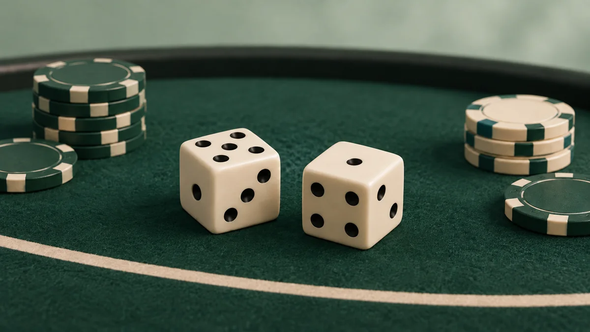Two cream dice beside green and cream chips on a craps table