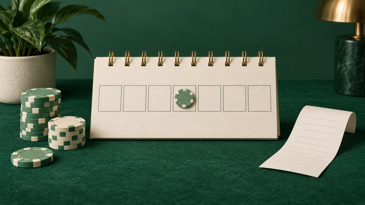 A cream desk calendar and receipt beside green and cream casino chips