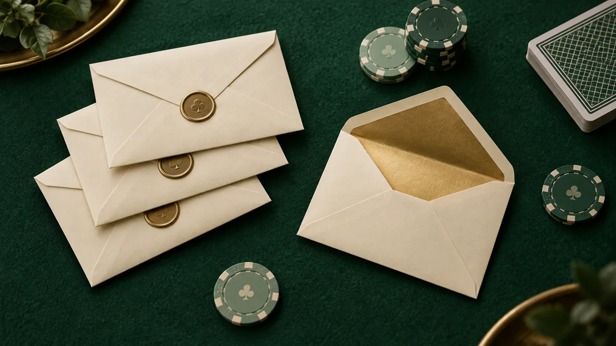 Cream mystery bounty envelopes and green poker chips on forest green felt