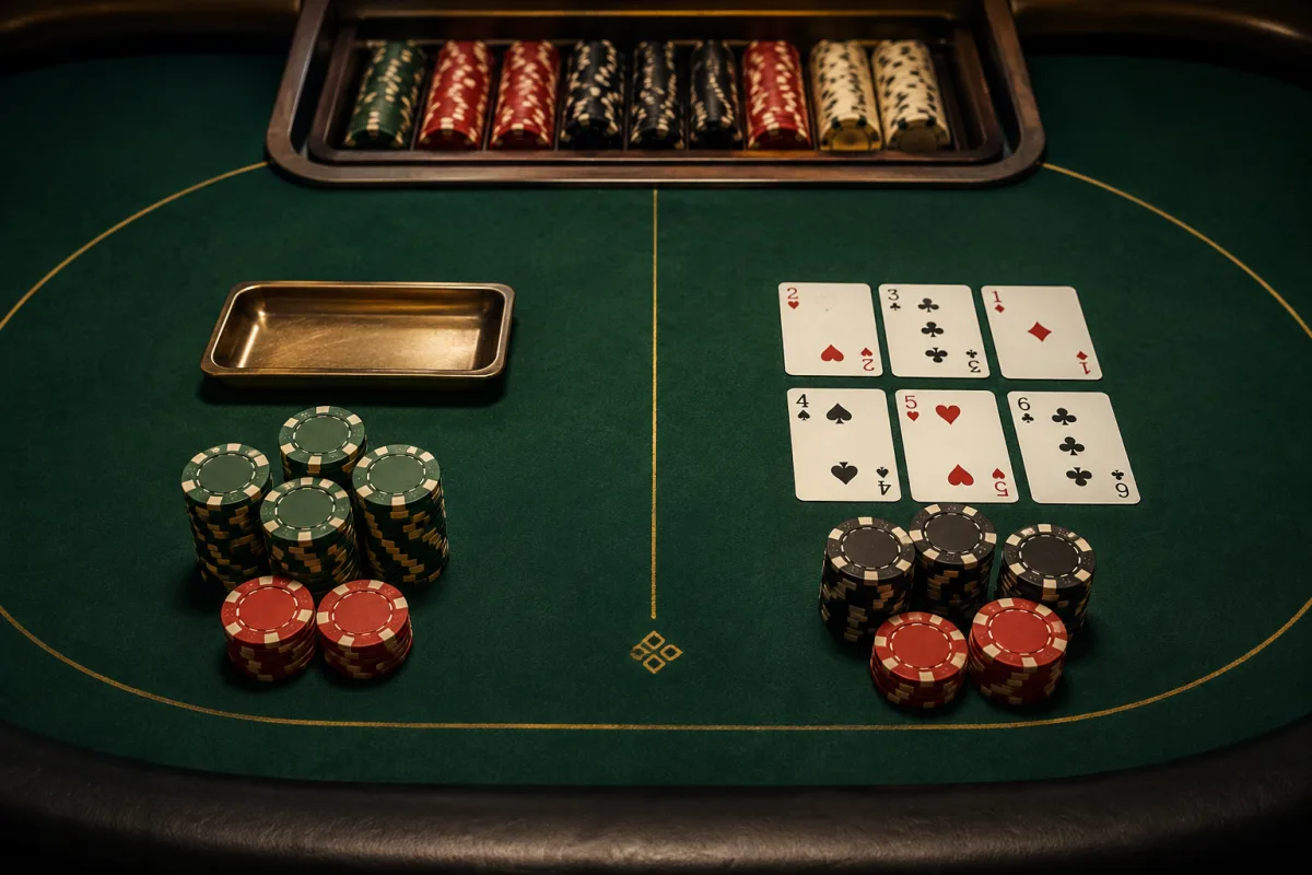 Baccarat chips split between a commission tray and a six-point Banker result