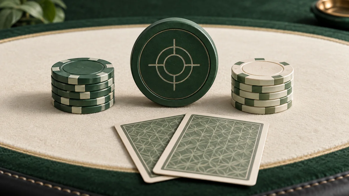 A green bounty token beside two piles of poker chips and facedown cards