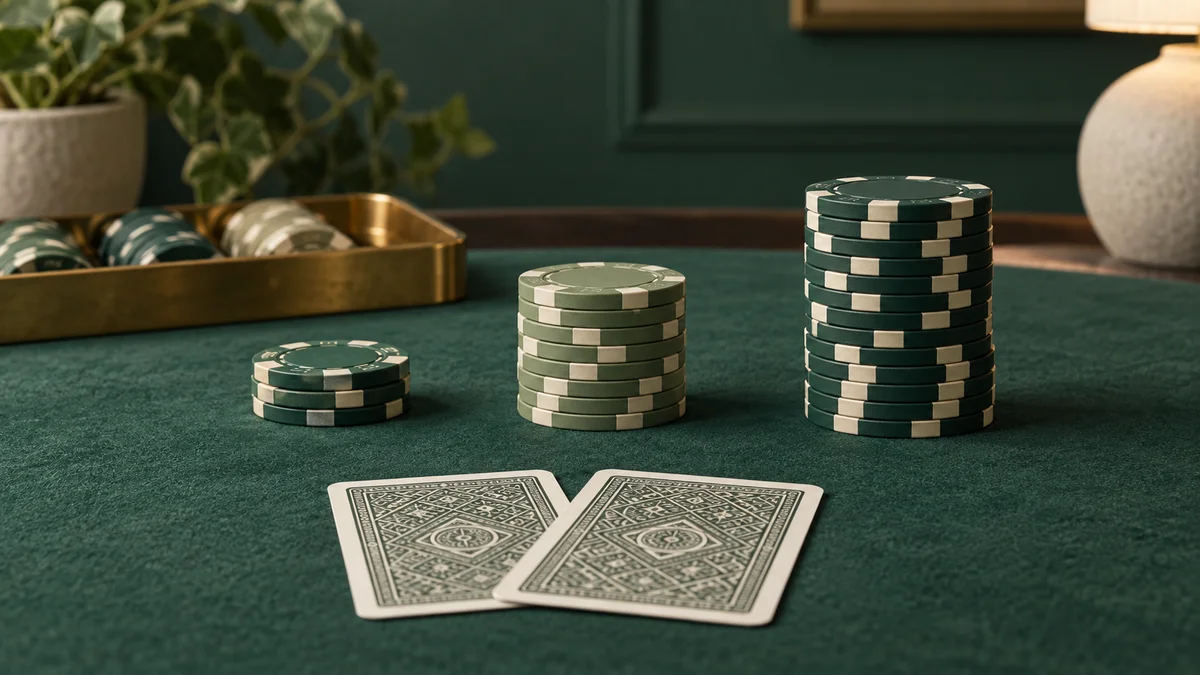 Small and large groups of poker chips beside face-down cards on green felt