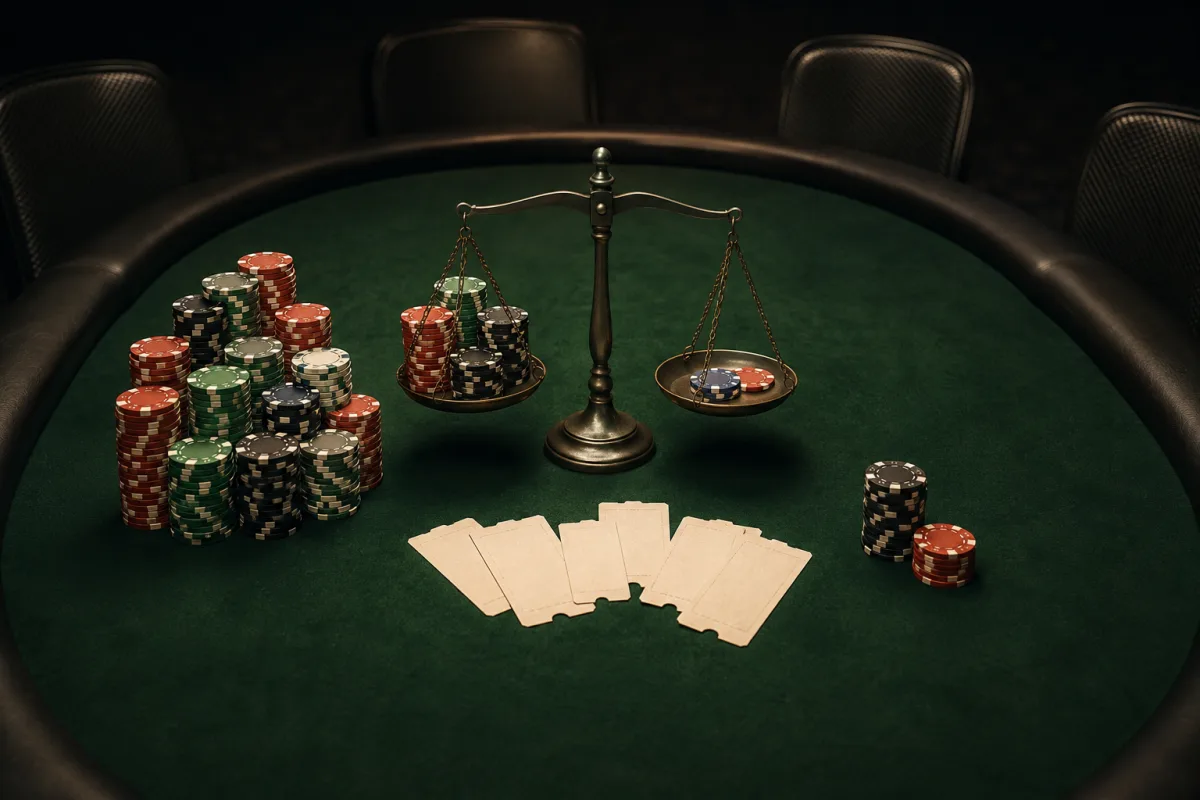 Tournament chips, blank seat tickets and a balance scale on a poker table