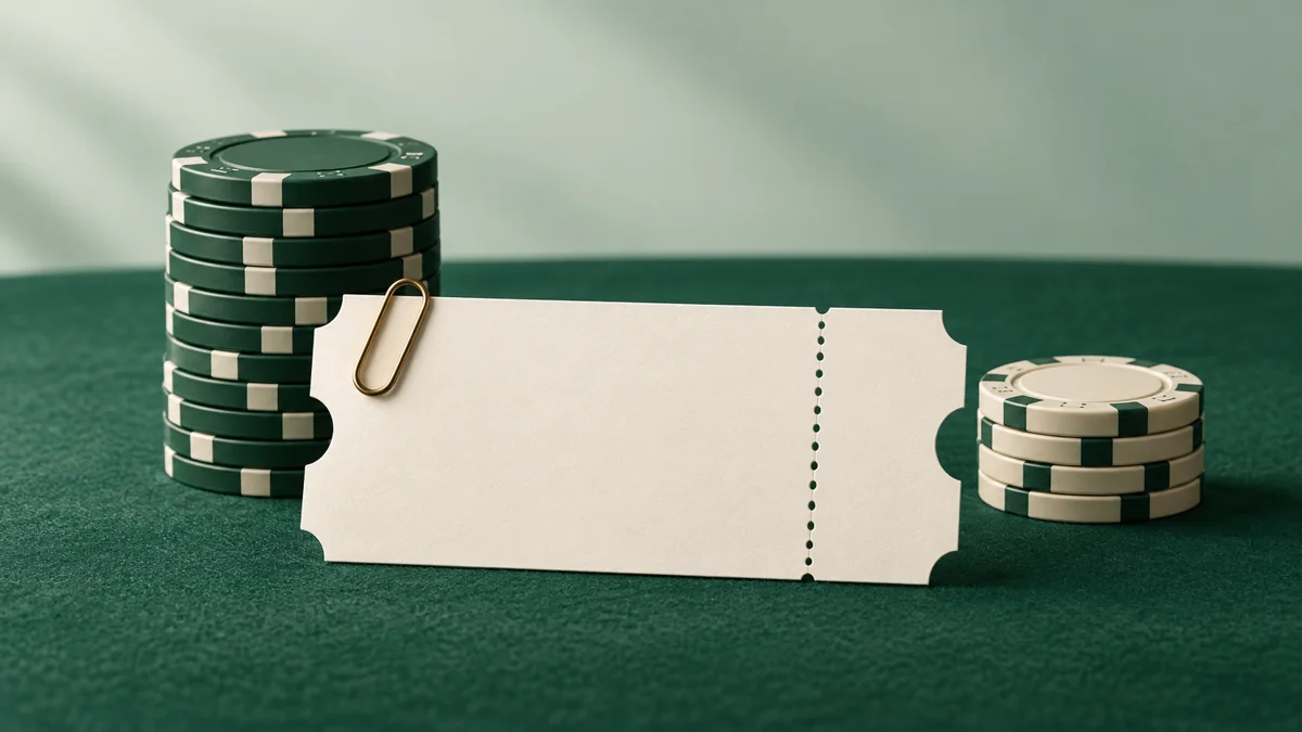A cream tournament entry ticket beside separate green and cream chip stacks