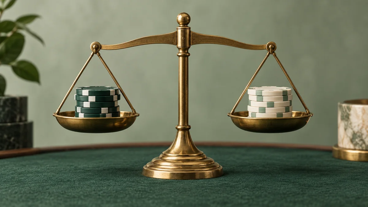 Green and cream poker chips balance on two brass scale pans