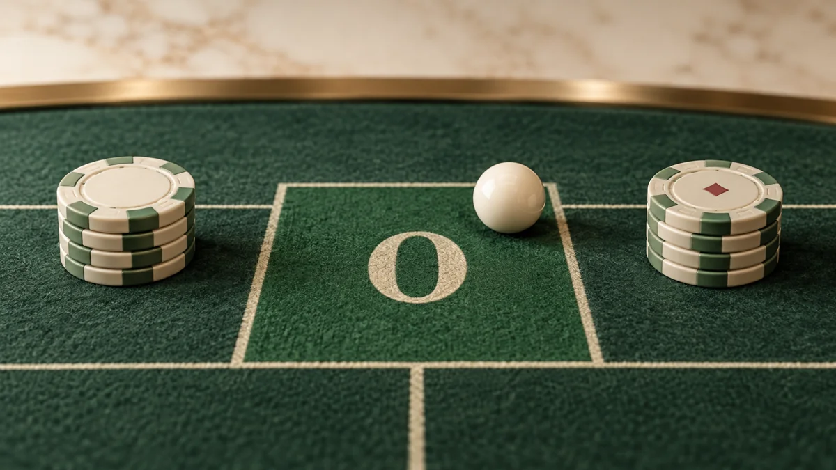 Two equal stacks of cream chips beside a green roulette zero area and an ivory ball