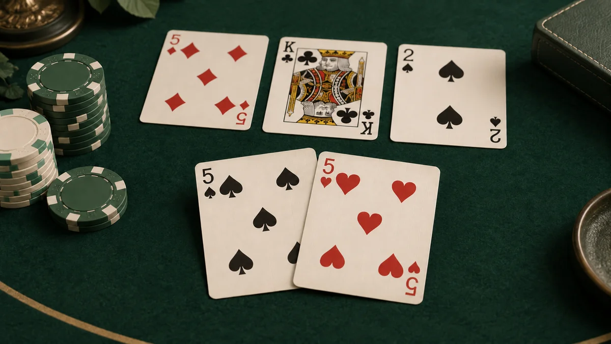 Pocket fives make a set on a five, king and two flop beside poker chips