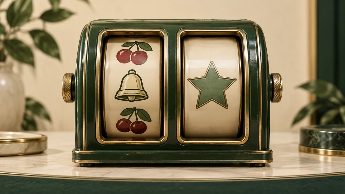 Green and cream slot windows with cherries, a bell and a sage star