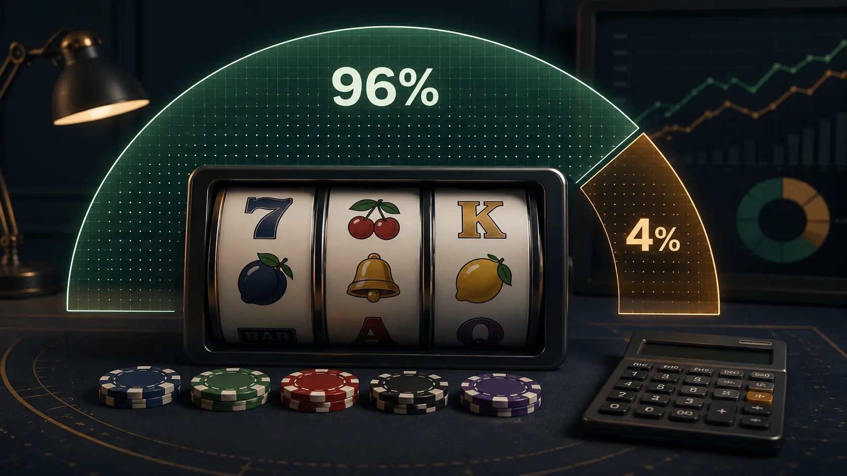 A slot reel and calculator showing 96 percent RTP and a 4 percent theoretical house share