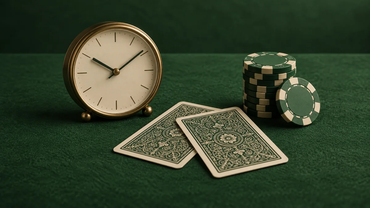 An analog clock beside facedown cards and green poker chips