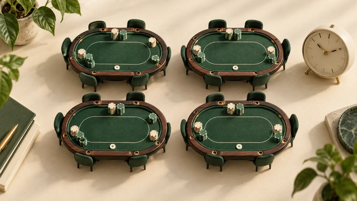 Four small green poker tables beside an ivory clock on a cream desk